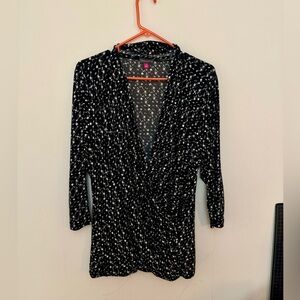Vince Camuto black and white pattern jersey wrap front blouse